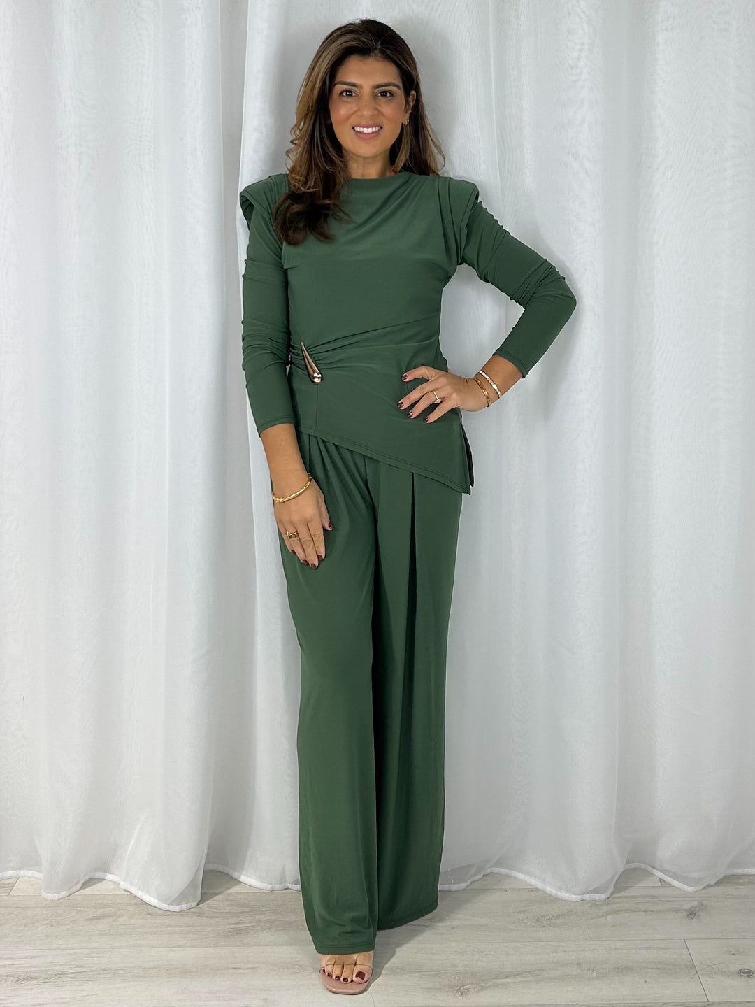 Shoulder Pad Long Sleeve Ruched Gold Hardware Trouser Co-Ord (4 Colours)