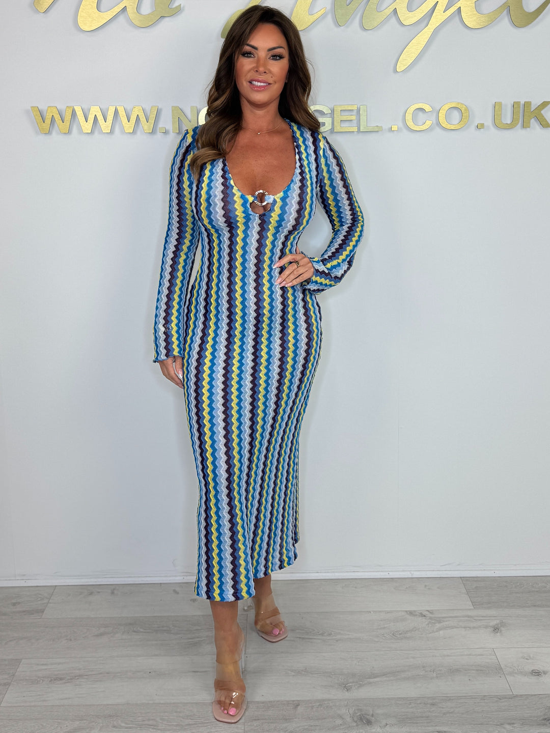 PRE ORDER : (15TH April)Long Bell Sleeve V-Neck Gold Ring Detail Zigzag Dress (4 Colours)
