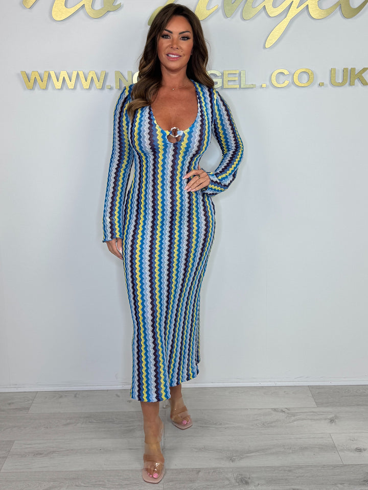PRE ORDER : (15TH April)Long Bell Sleeve V-Neck Gold Ring Detail Zigzag Dress (4 Colours)