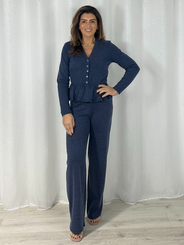 Long Sleeve Peplum V-Neck Top & Straight Leg Trouser Co-Ord (3 Colours)