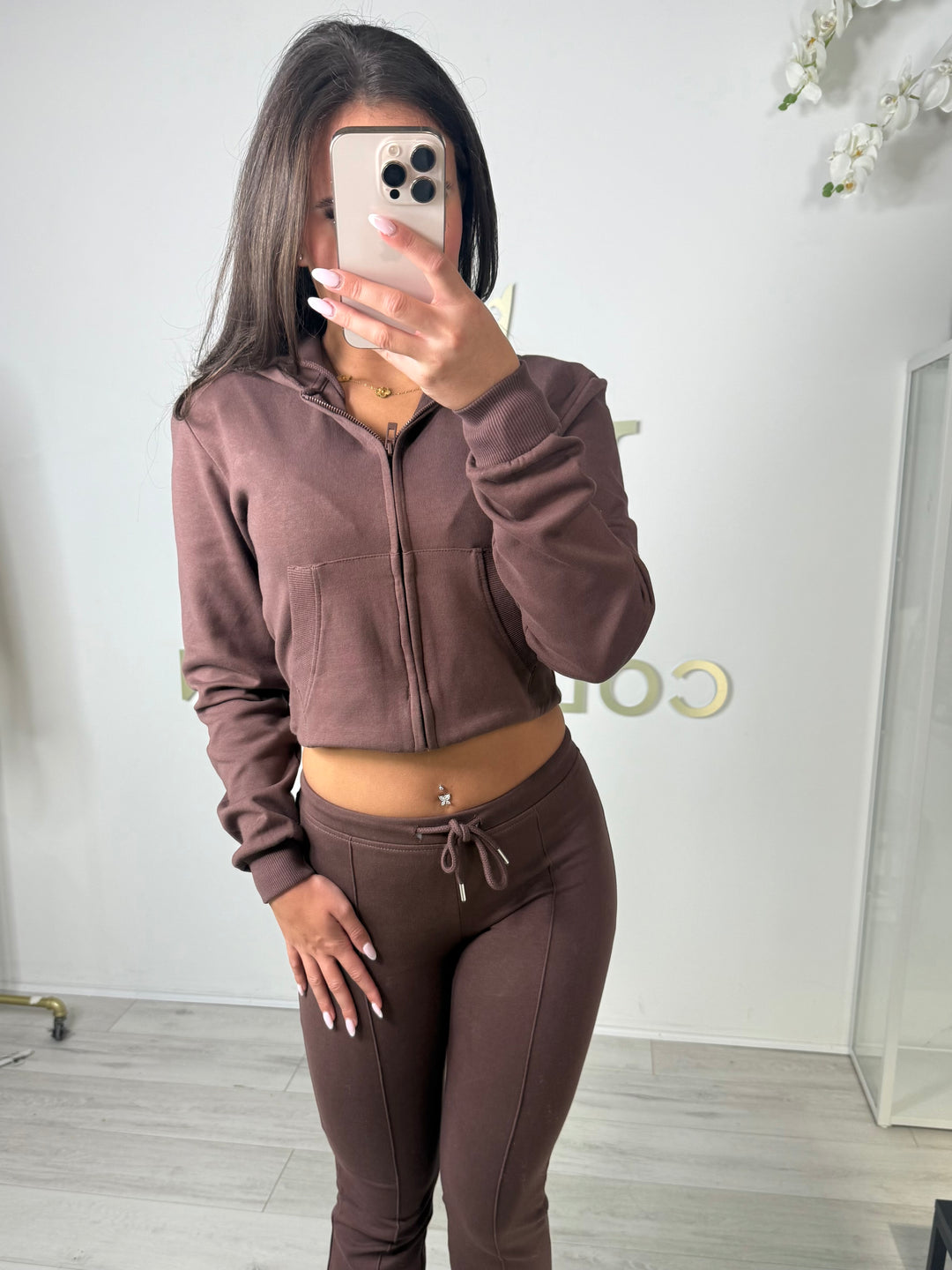 Brown Cropped Hooded Jacket & Flared Leg Trouser Co-ord