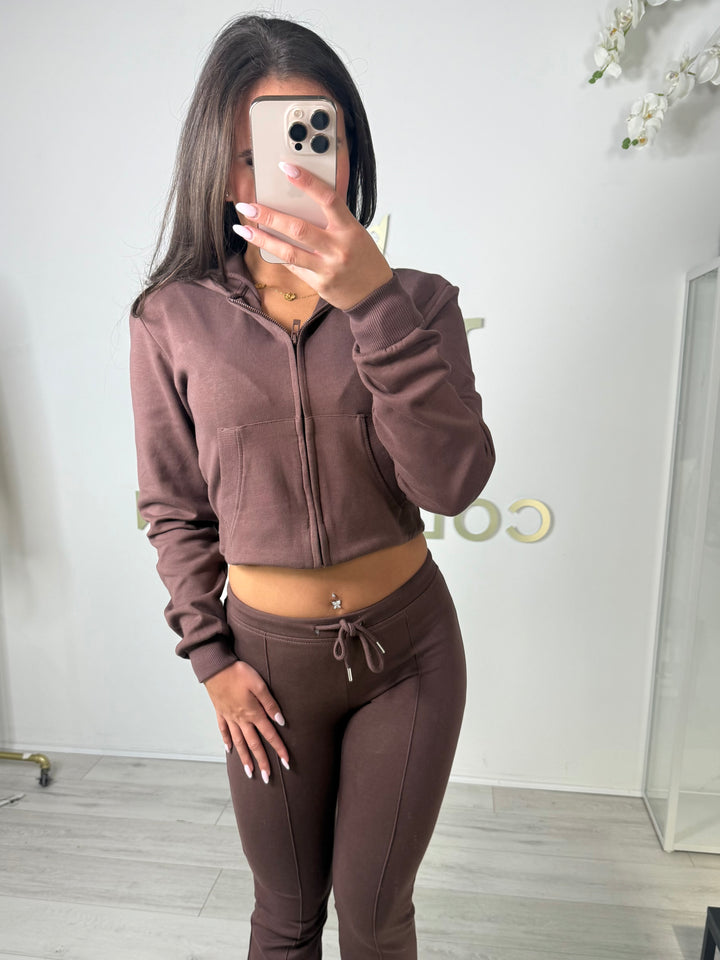 Brown Cropped Hooded Jacket & Flared Leg Trouser Co-ord