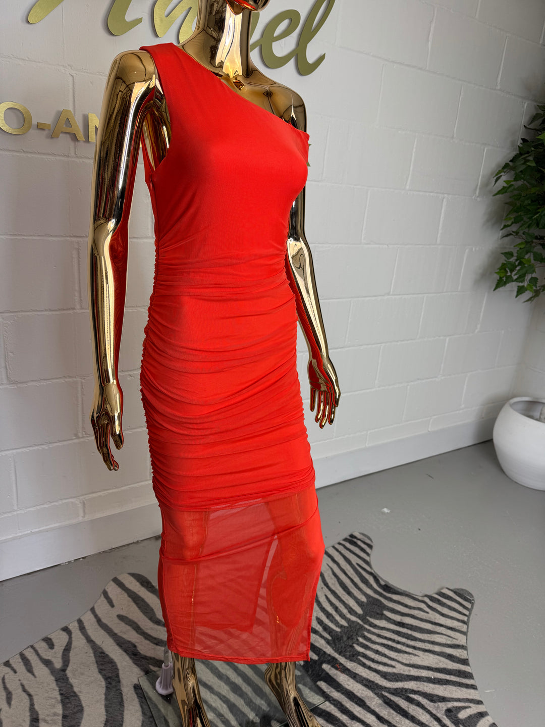 Orange Mesh Asymmetric Shoulder Midi Dress