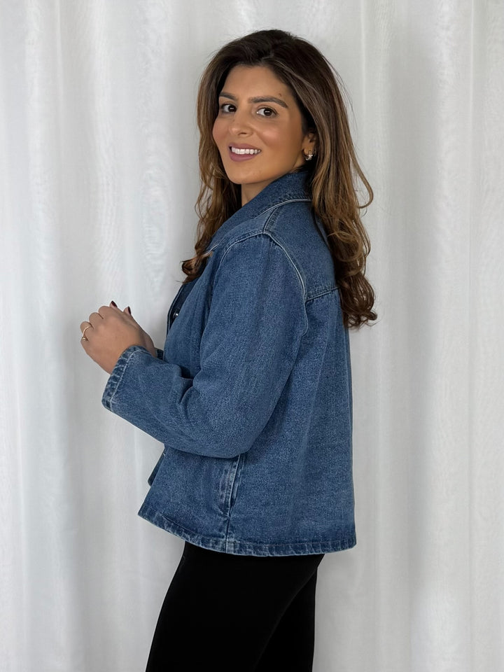 Blue Denim Collared Flat Gold Button Jacket