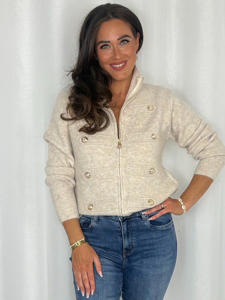 Military Style Gold Button Zip-Up Cardigan