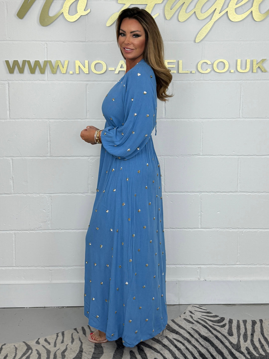 Blue Gold Sequin Polka Dot Long Sleeve V-Neck Maxi Dress