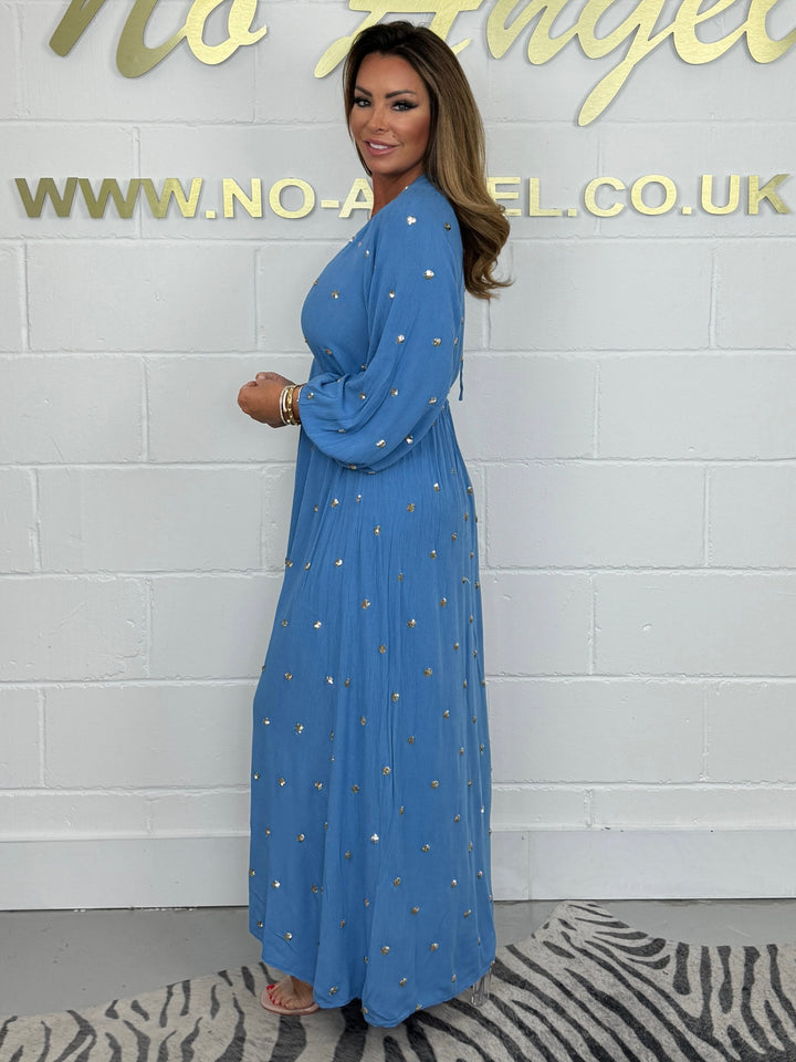 Blue Gold Sequin Polka Dot Long Sleeve V-Neck Maxi Dress
