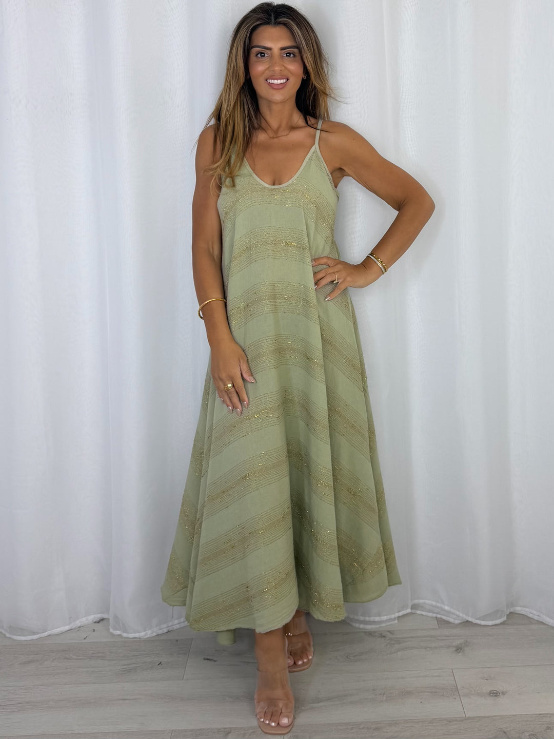 V-Neck Strap Gold Fleck Maxi Dress (4 Colours)