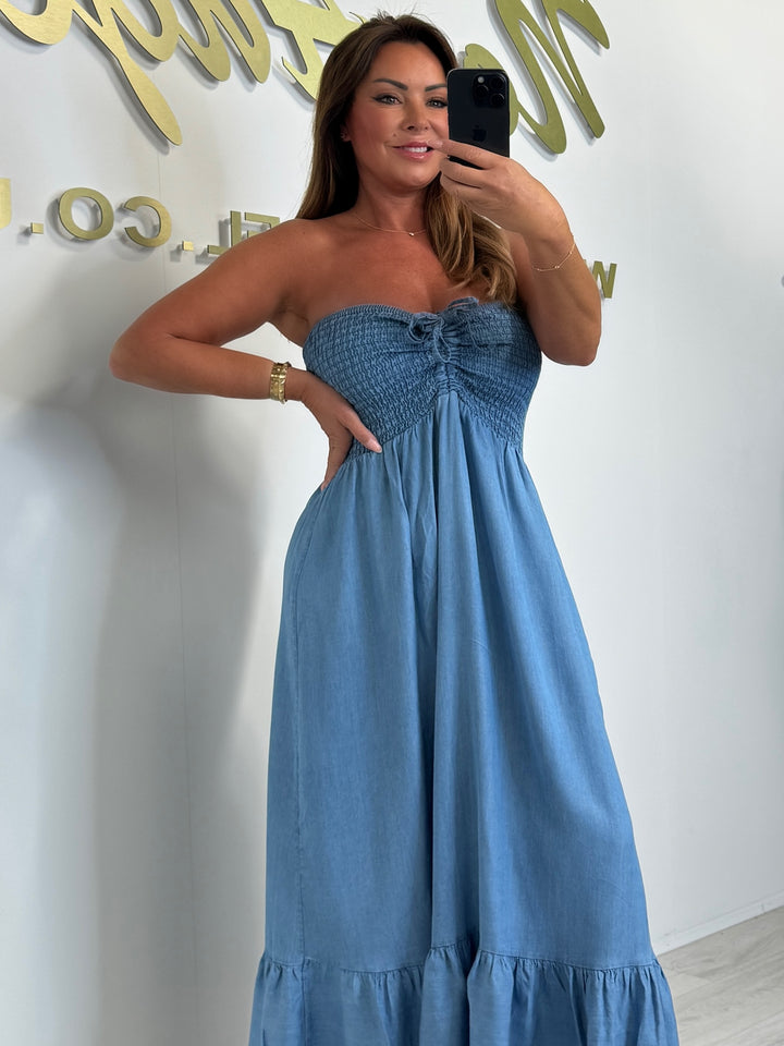 Denim Smocked Bandeau Midi Dress (2 Colours)