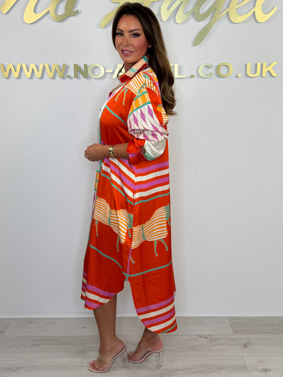 Silk Mix Orange/Cream Horse Print V-Neck Oversize Dress