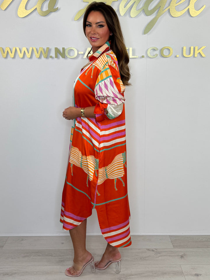 Silk Mix Orange/Cream Horse Print V-Neck Oversize Dress