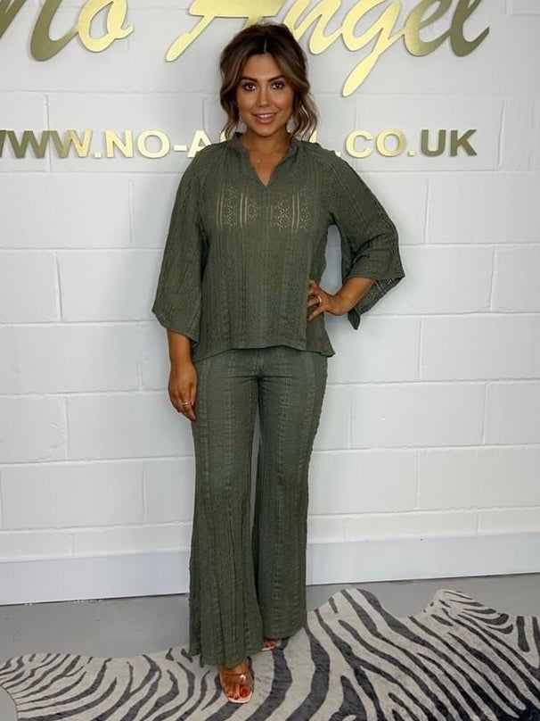 Khaki Cotton Crochet Top & Trousers Co-Ord 594