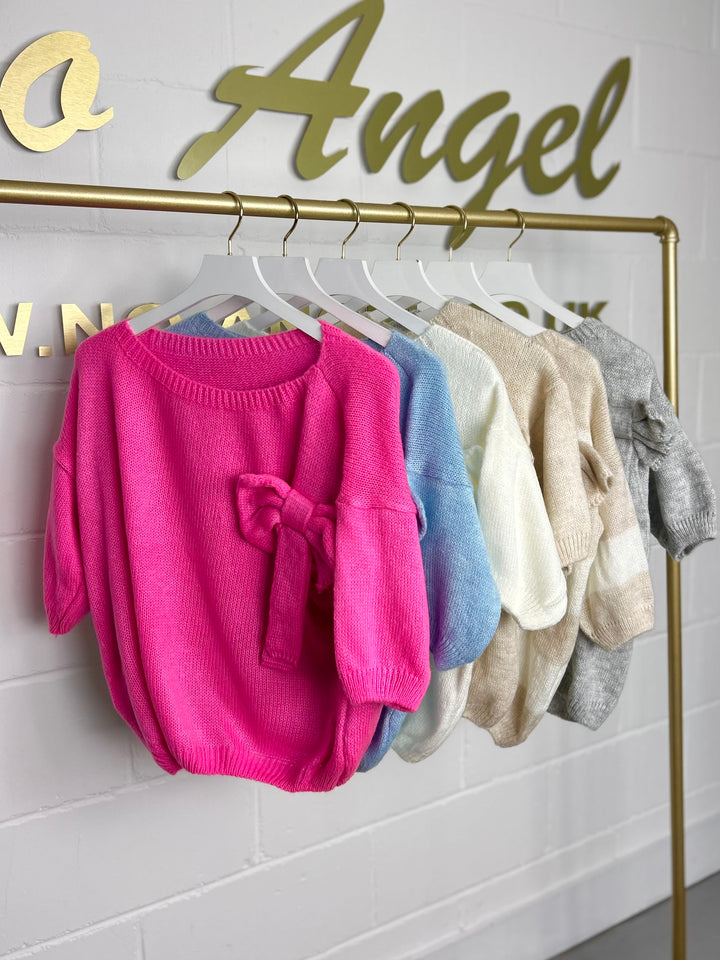 Soft Knit Short Sleeve Bow Detail Jumper (8 Colours)