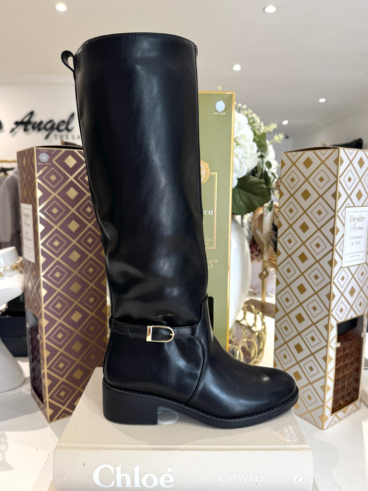 Low Gold Buckle Knee High Boots