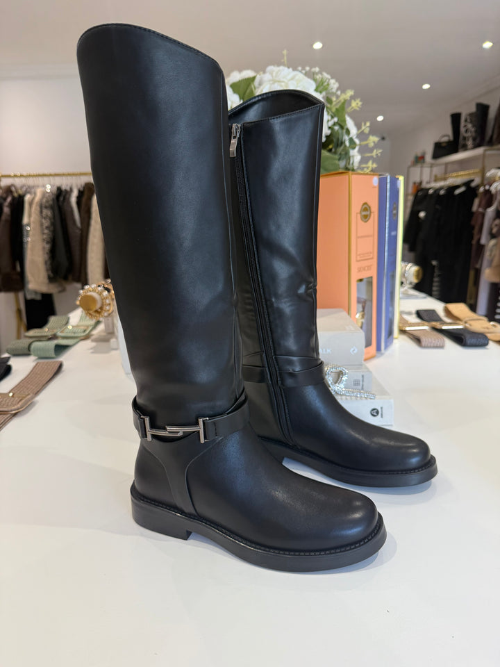 Faux Leather Buckle Side Knee High Boots (2 Colours)