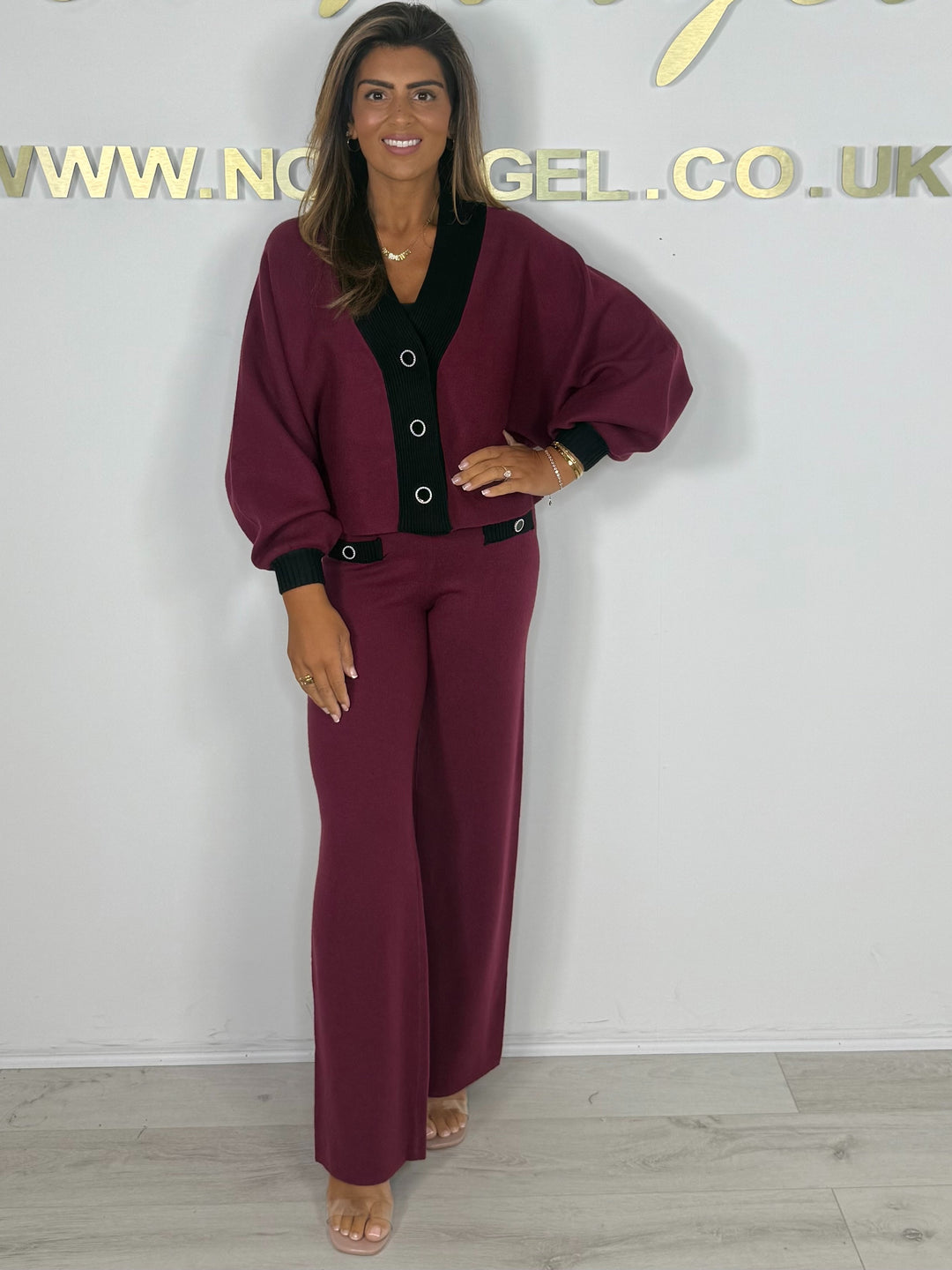 V-Neck Balloon Sleeve Pearl Look Button Detail Trouser Co-ord (6 Colours)