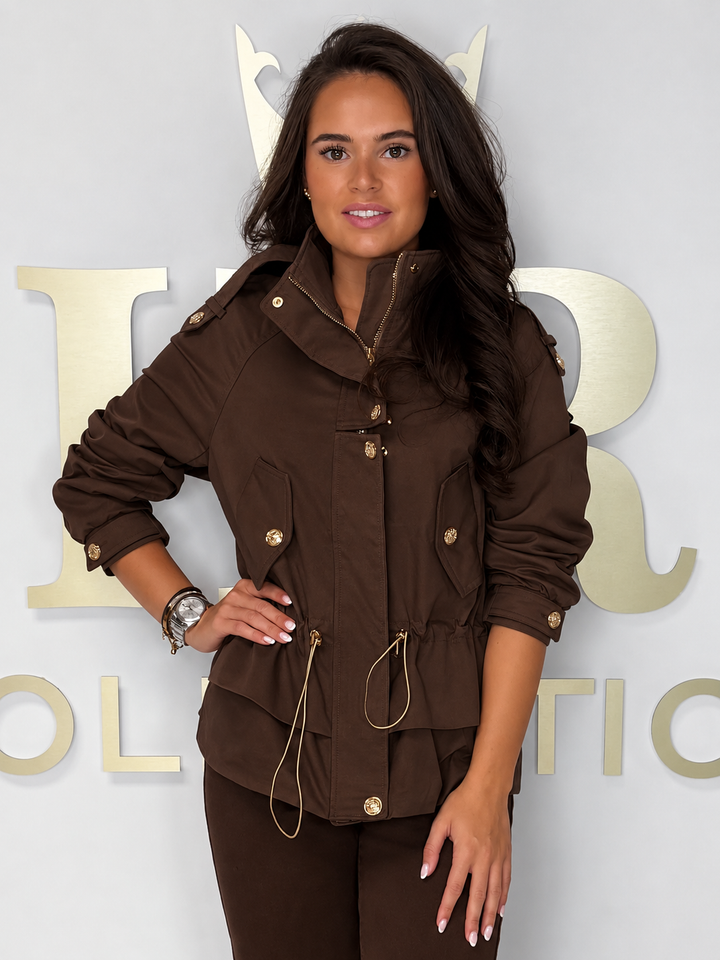 Funnel Neck Gold Button Multi Pocket Jacket