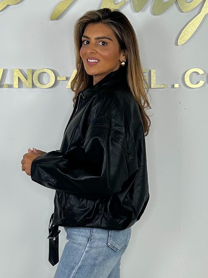 Faux Leather Belted Zip Up Jacket