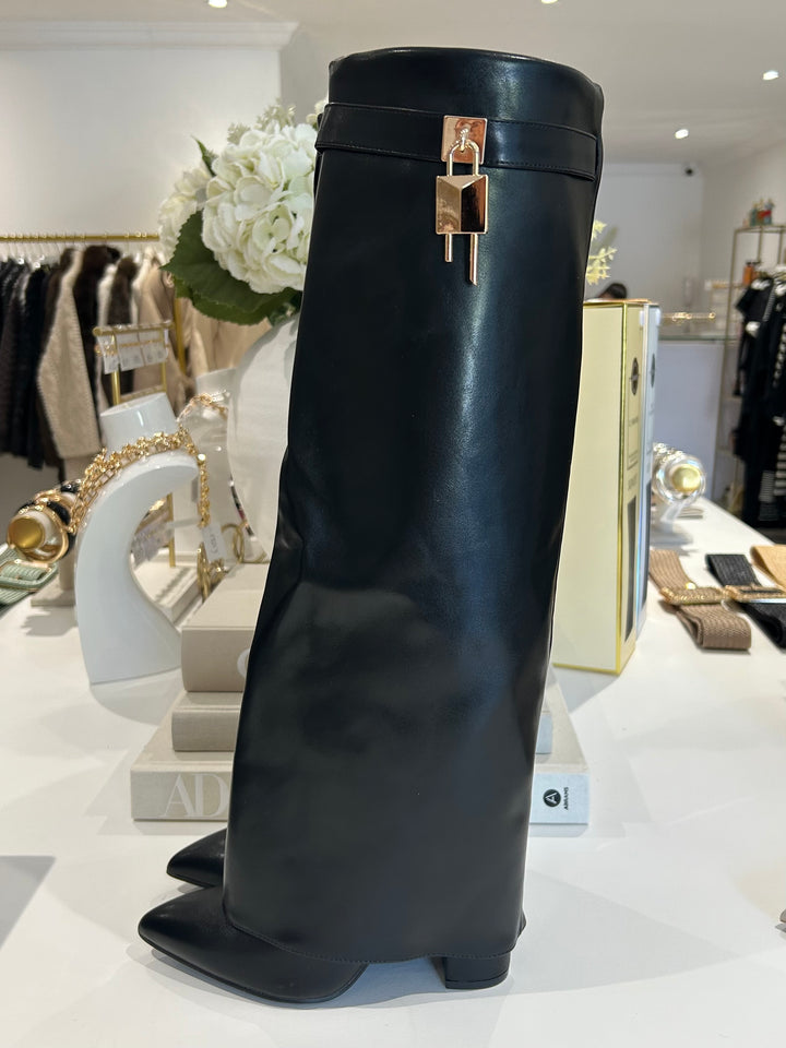 Gold Buckle Faux Leather Fold Over Knee High Boots (2 Colours)