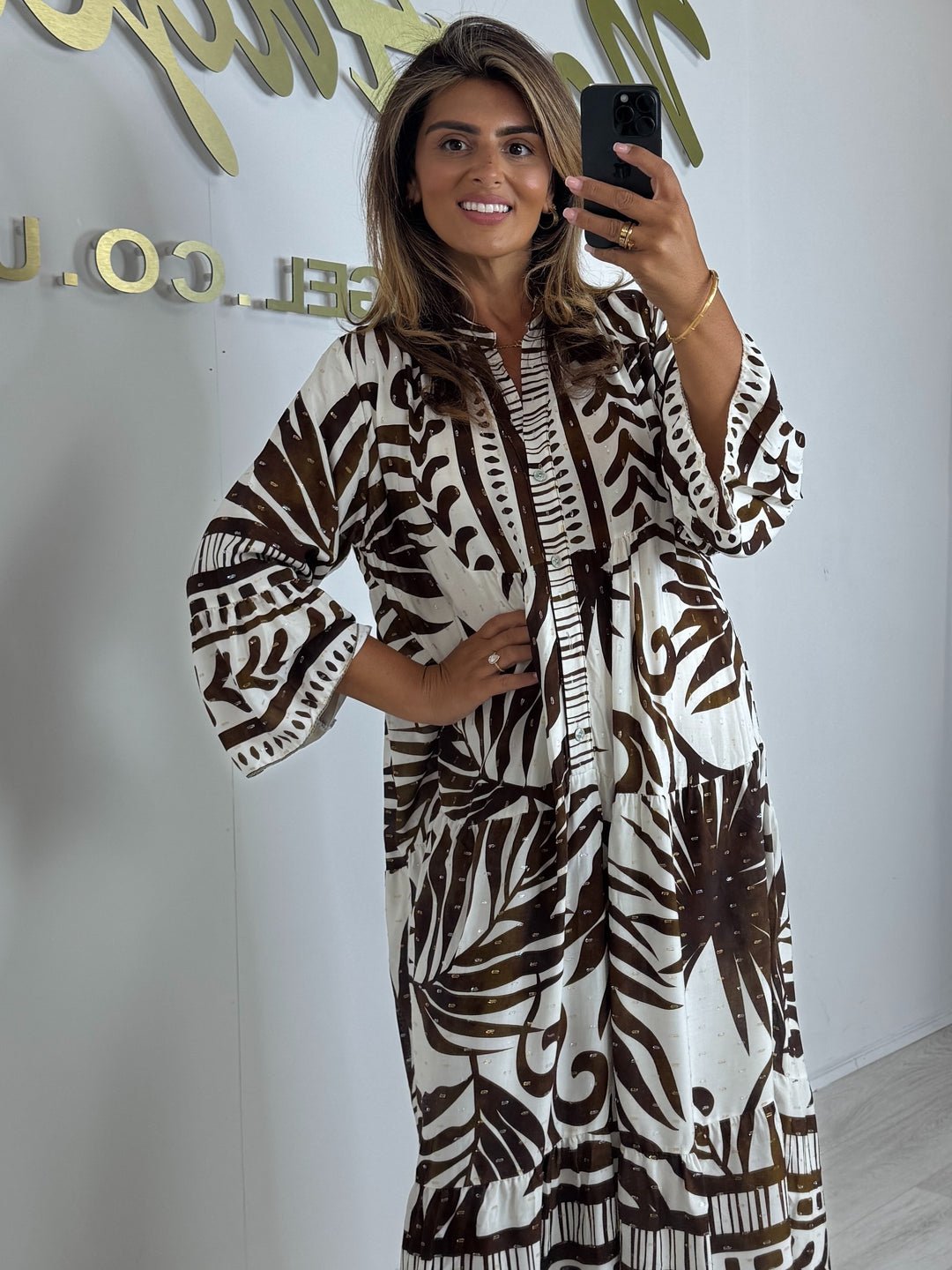 Brown/Cream Printed Gold Metallic Fleck Layered Bell Sleeve Swing Dress