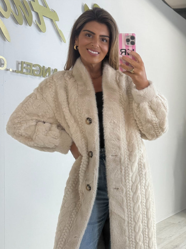 Faux Fur Cable Design Button Up Longline Jacket (4 Colours)