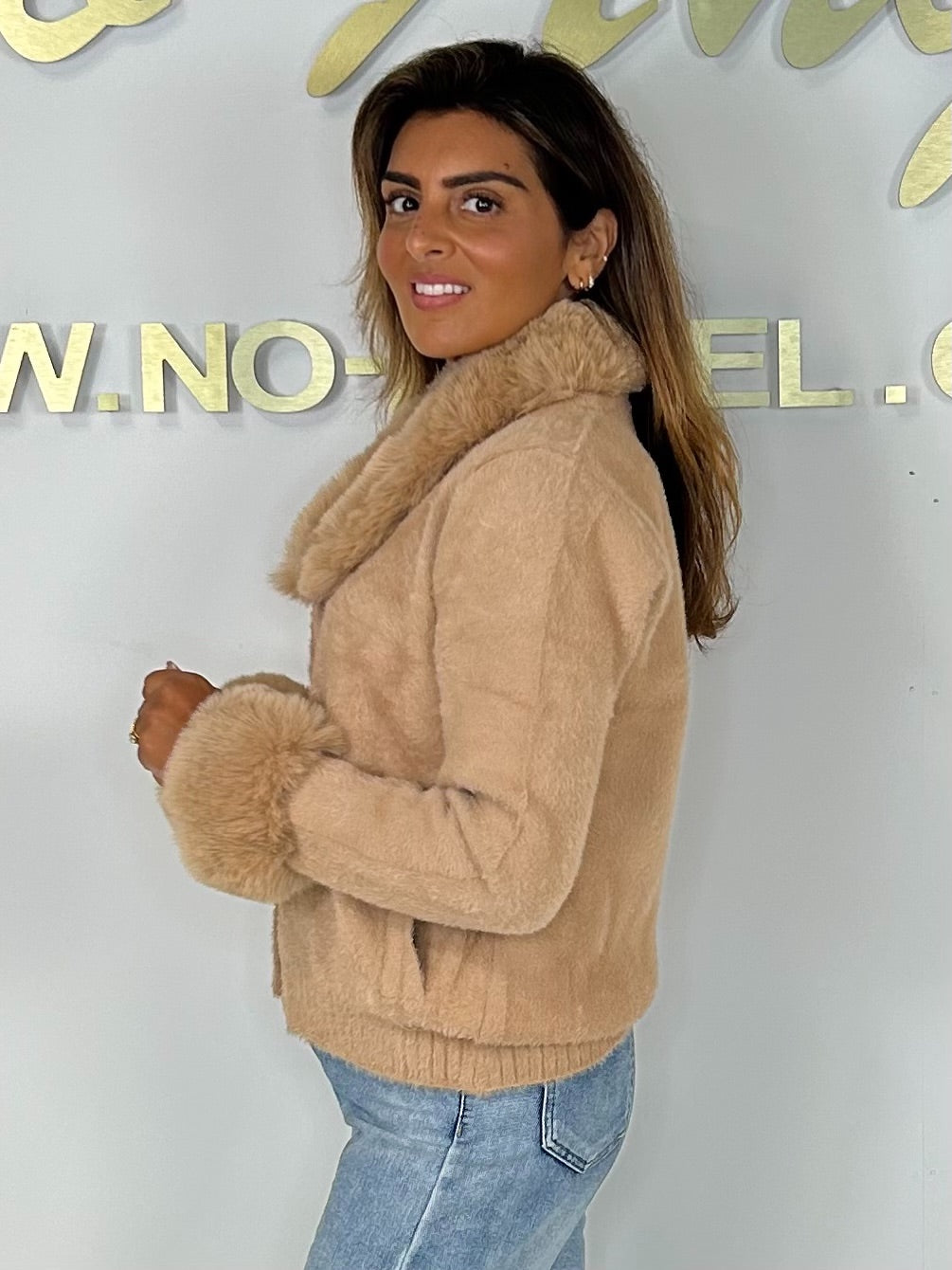 Faux Fur Collar & Sleeve Soft Diamante Button Cardigan (2 Colours)
