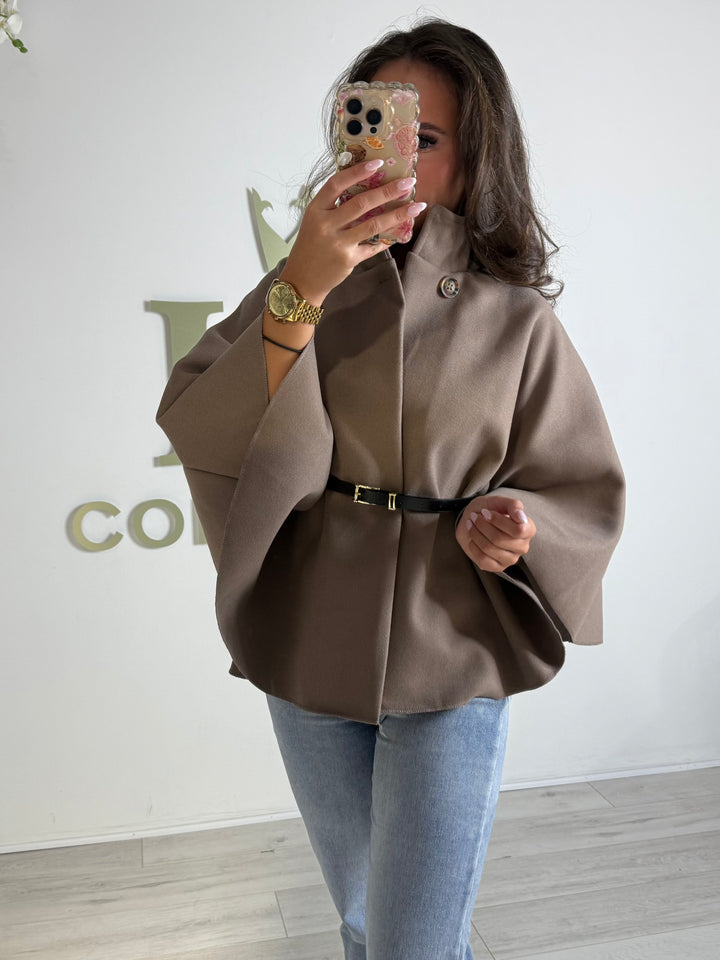 Taupe Belted Funnel Neck Cape