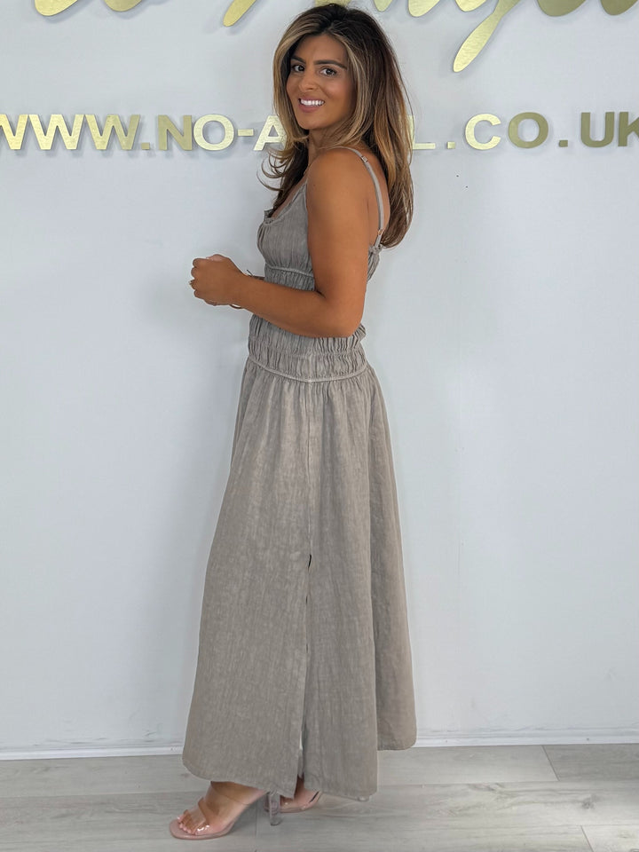 Linen Smocked Thin Strapped Side Split Maxi Dress (3 Colours)