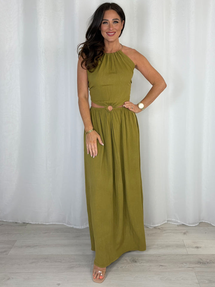 Gold Neck Hardware Halter Neck Cut Out Dress (3 Colours)