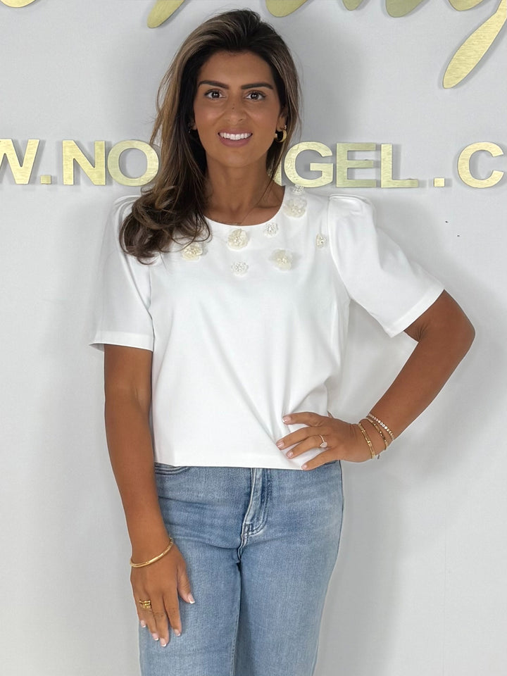 Short Puff Sleeve Sequin Flower Detail Top (4 Colours)
