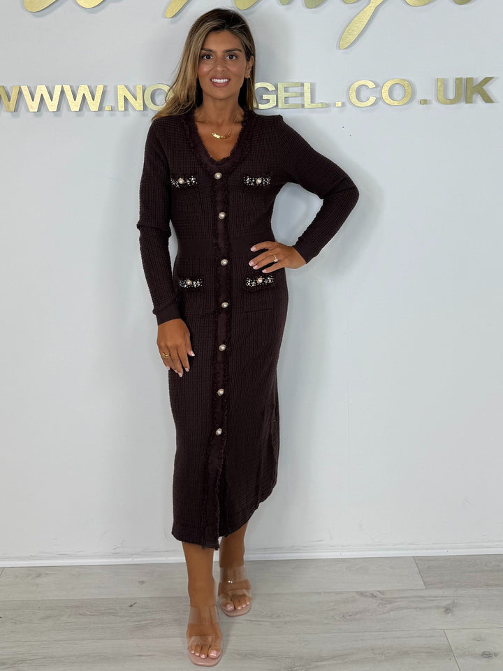 Knitted V-neck Pearl Button Front Split Midi Dress (2 Colours)