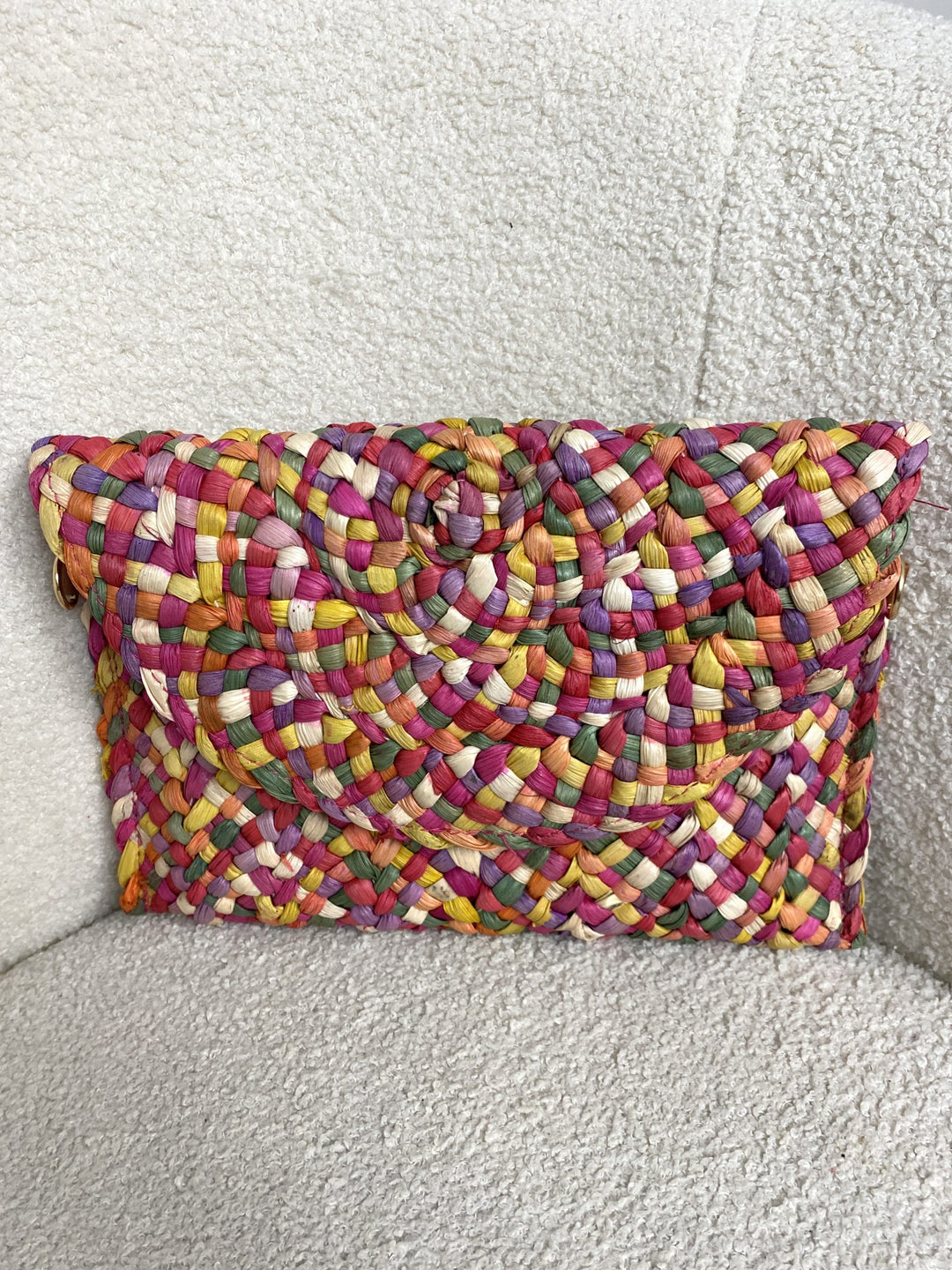 Pink Multi Chunky Woven Straw Clutch Bag