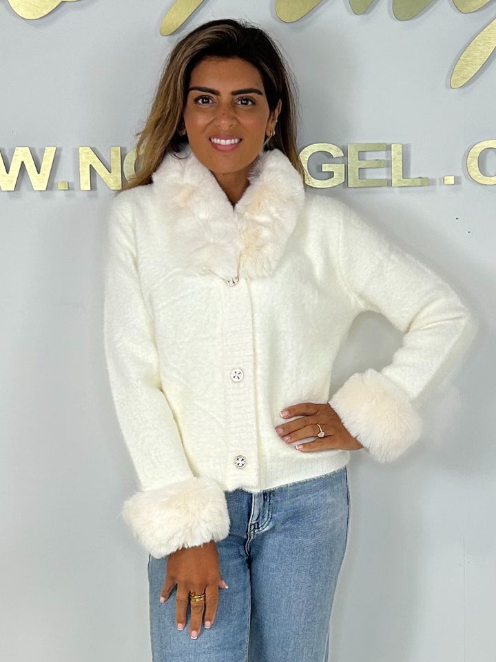Faux Fur Collar & Sleeve Soft Diamante Button Cardigan (2 Colours)