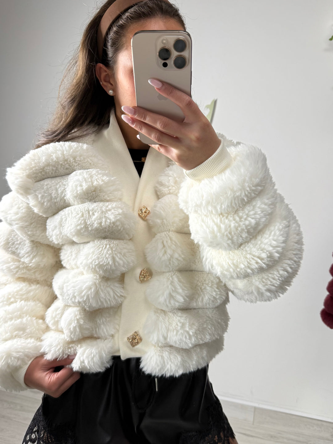 Faux Fur Bubble Detail Gold Button Cardigan (2 Colours)