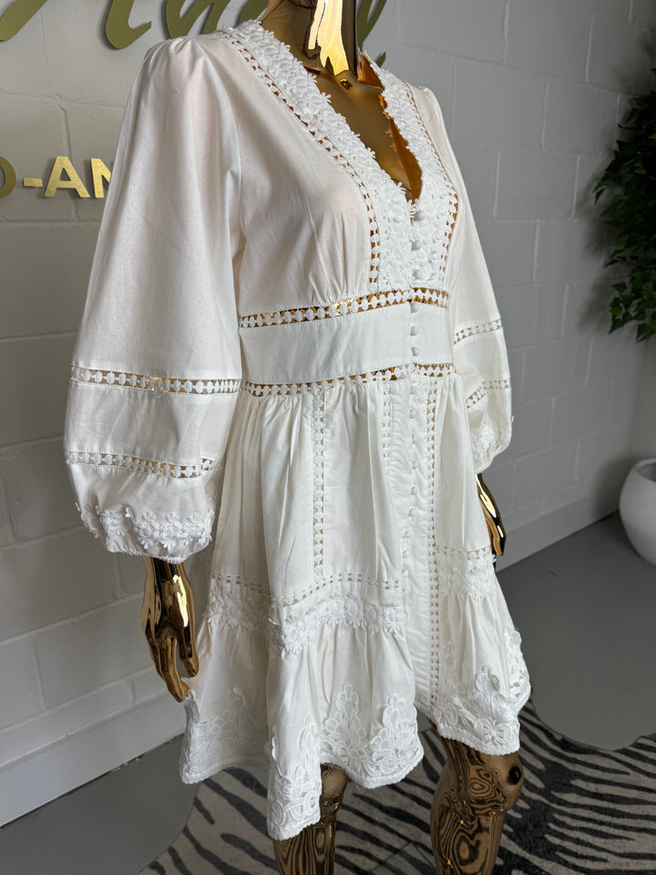 Smocked Waist Balloon Sleeve V Neck Puff Dress (2 Colours)