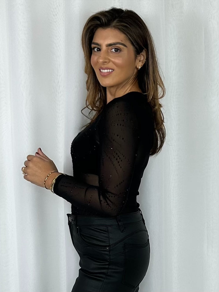 Sheer Round Neck Jewelled Bodysuit (2 Colours)