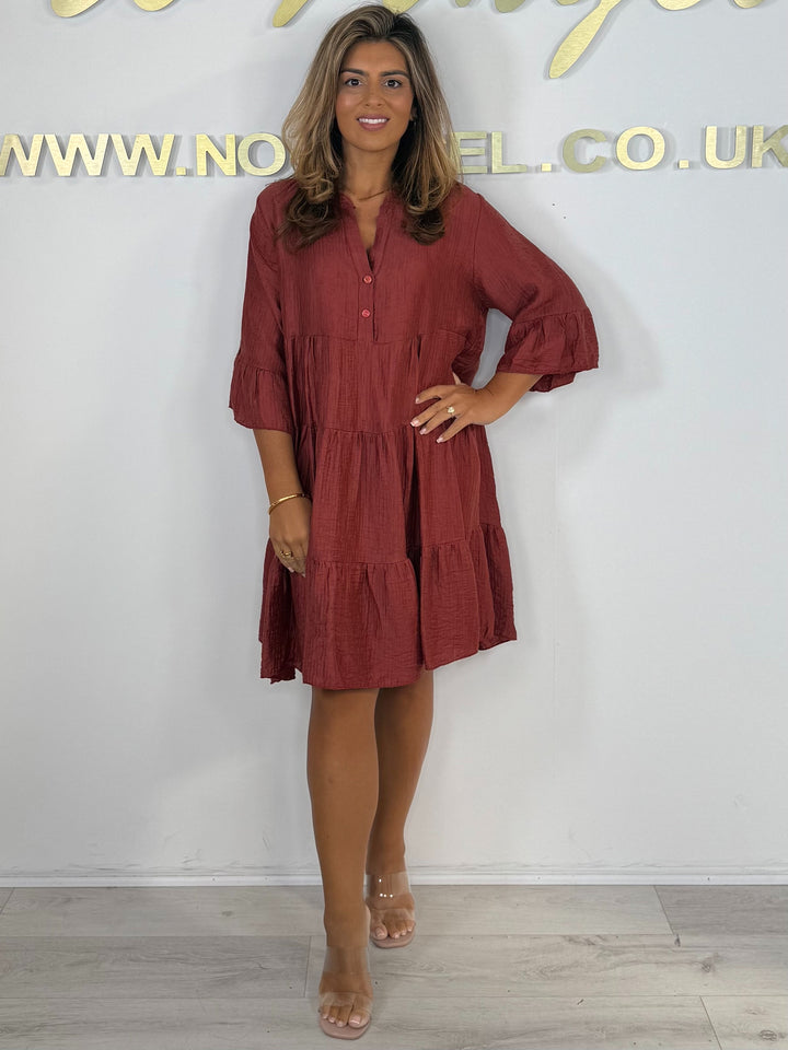 Button V-Neck Tiered Bell Sleeve Swing Dress (4 Colours)