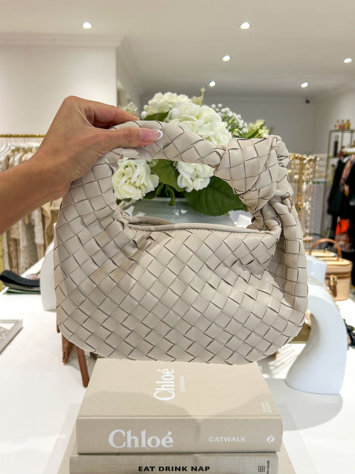 Beige Faux Leather Woven Baguette Knot Bag