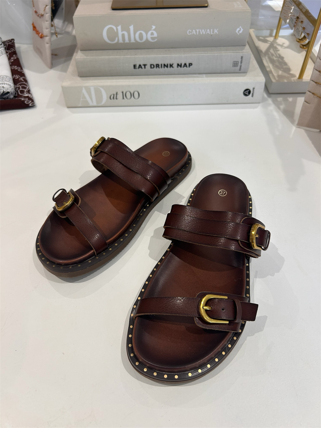 Double Buckle Sandal Gold Dot Print