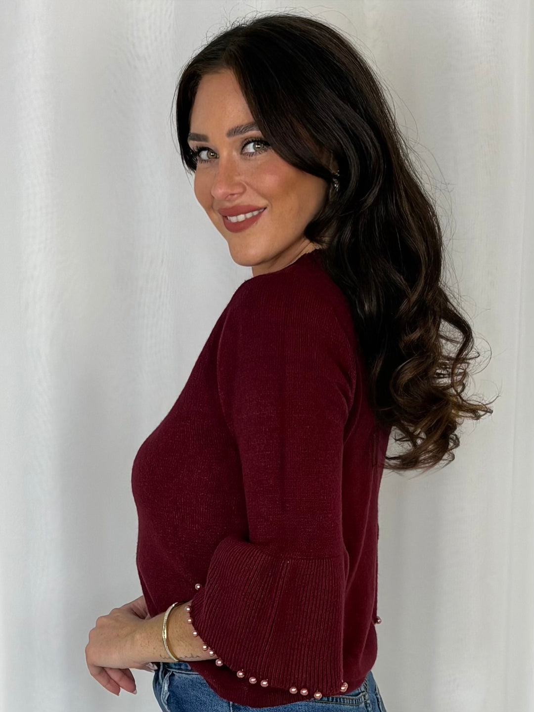 Pearl Embellished Sleeve Knit Top (11 Colours)