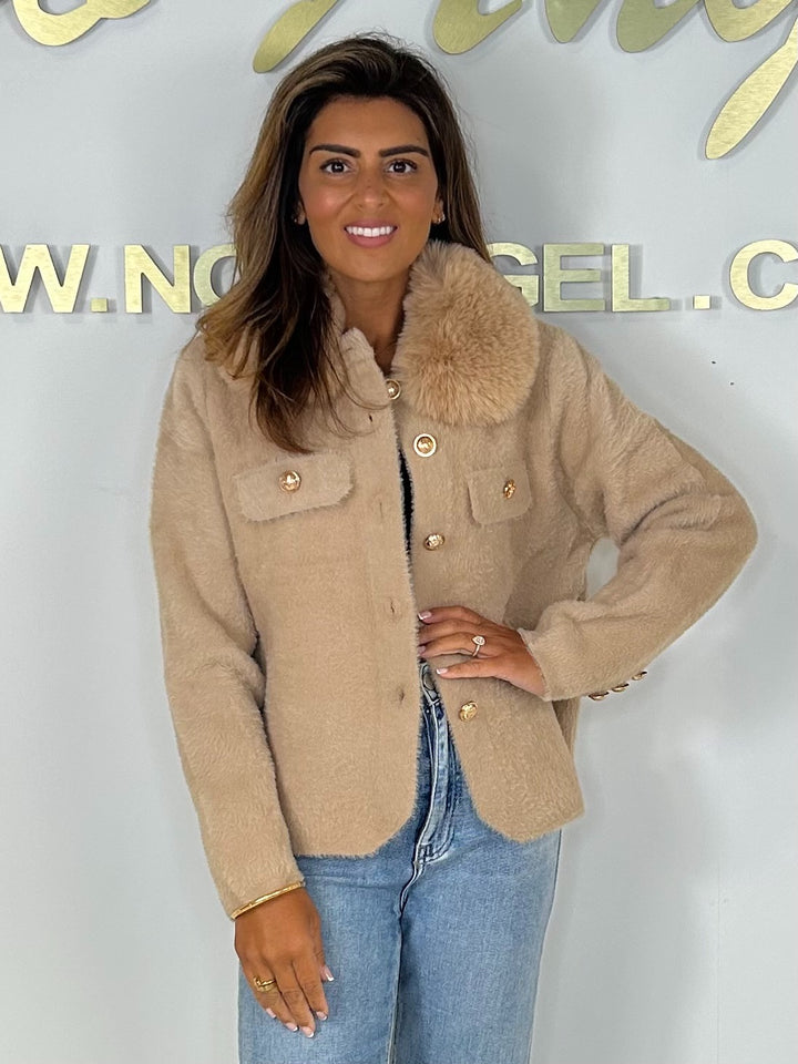 Faux Fur Neck Knit Gold Button Jacket (2 Colours)