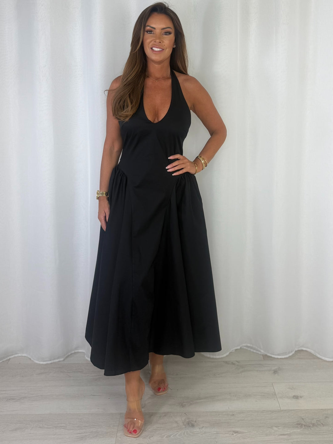 Low V-Neck Peplum Style Midi Dress (3 Colours)