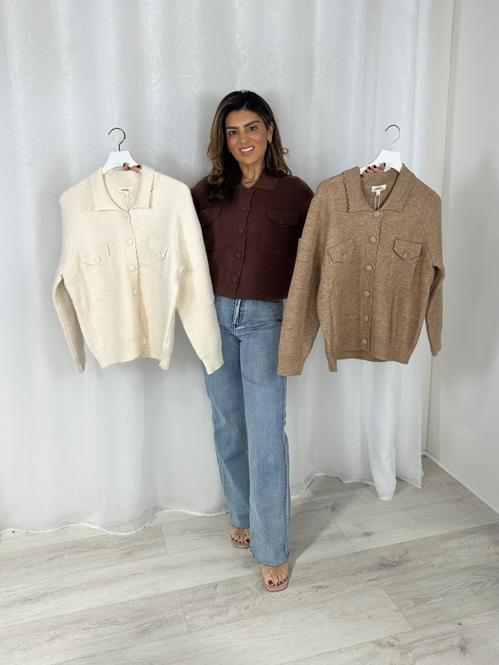 Collared Scalloped Edge Pocket Cardigan (3 Colours)
