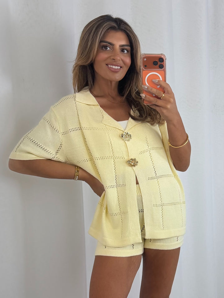 Flat Knit Collared Flower Button Shorts & Top Co-ord