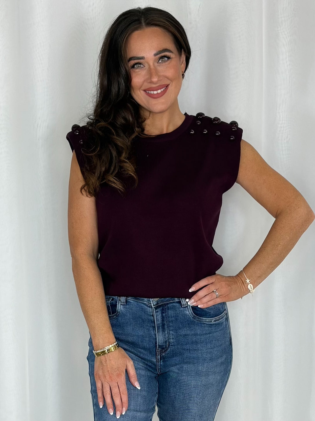 Sleeveless Shoulder Pad Top With Pearl Detail (2 Colours)