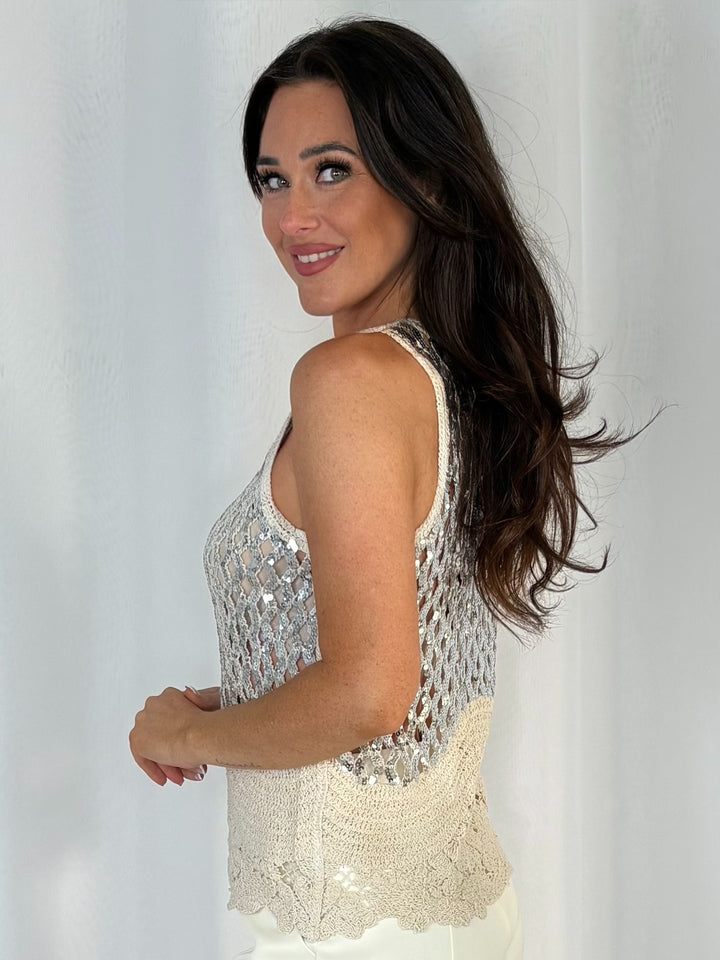 Silver Sequin Crochet Knit Top