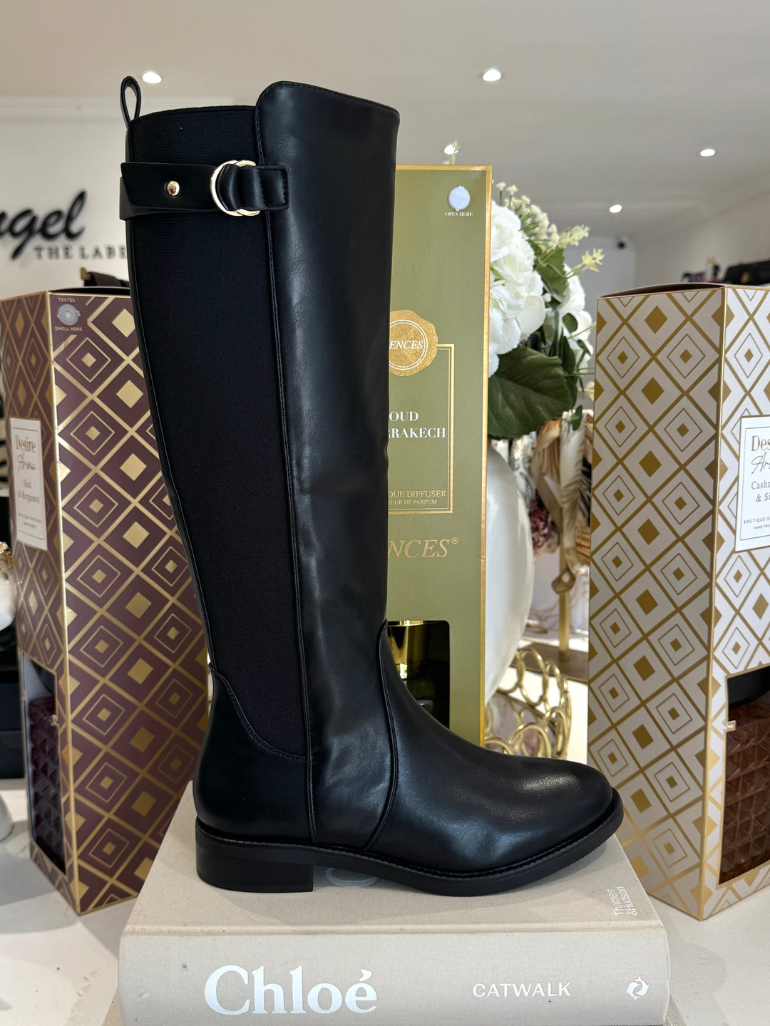 Elastic Back Gold Buckle Knee High Boots (2 Colours)
