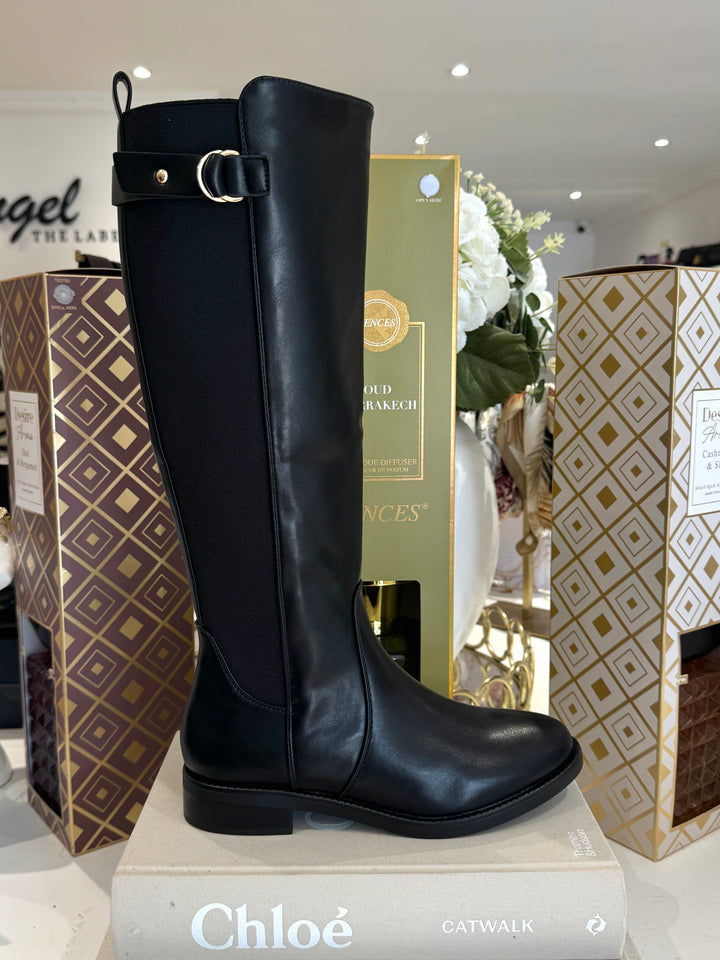 Elastic Back Gold Buckle Knee High Boots (2 Colours)