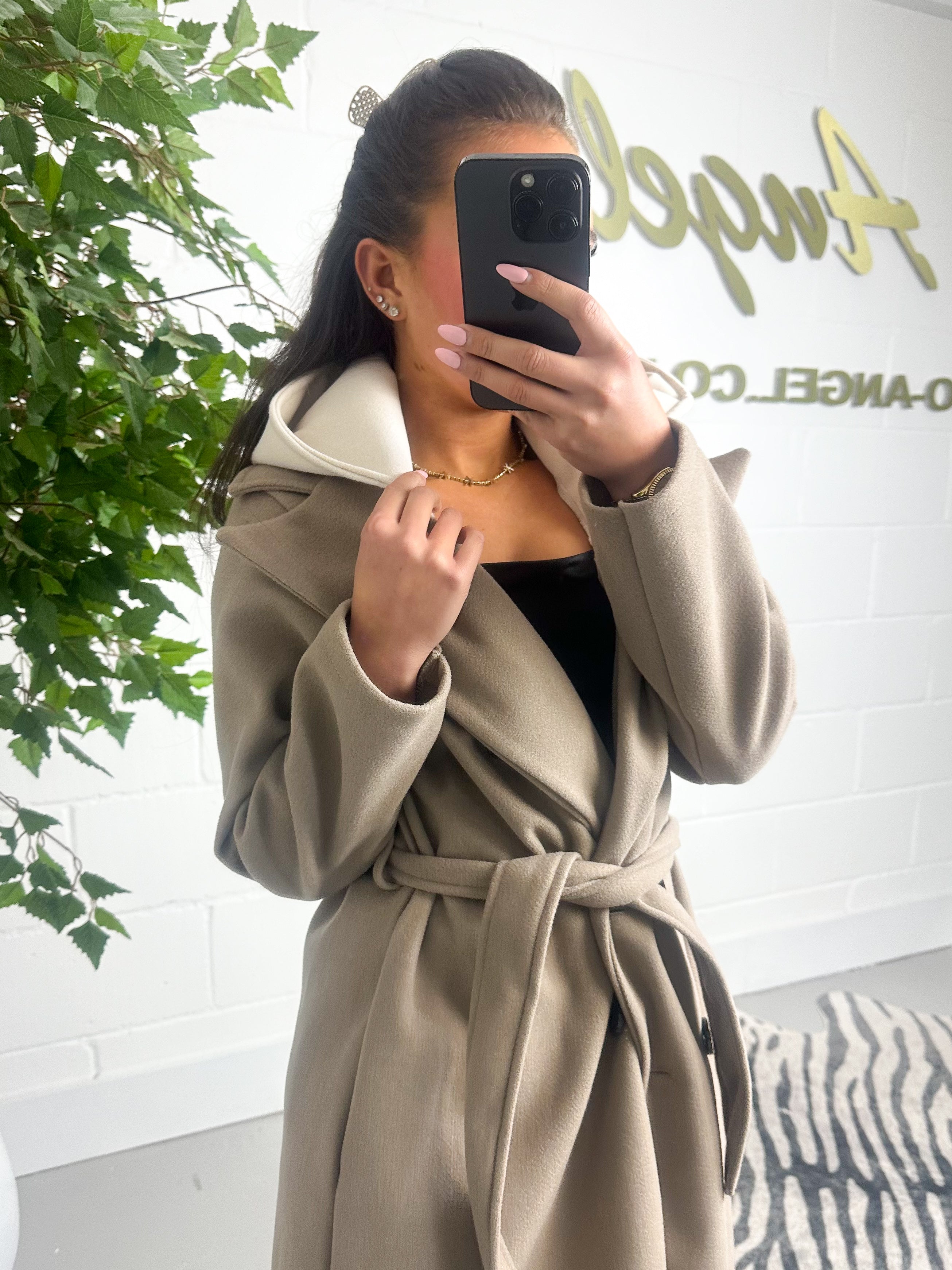 Taupe Belted Long Collared Coat With Cream Hood