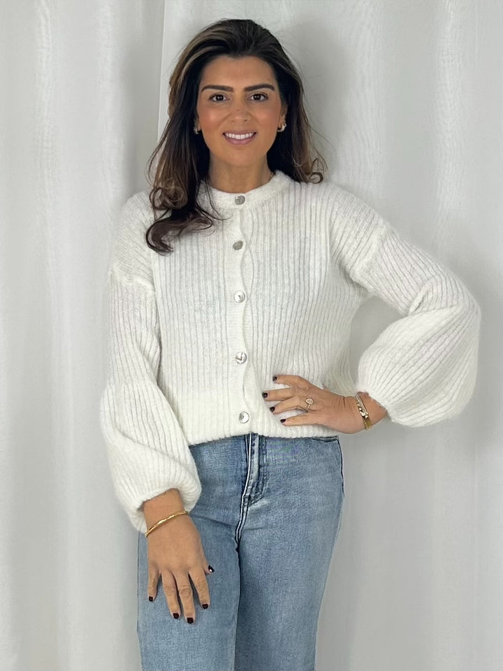 Balloon Sleeve Ribbed Button Up Cardigan (6 Colours)